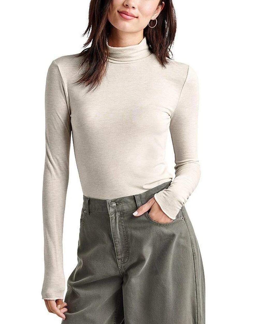 Splendid Women Pale Oak Heather Bamboo Jersey Casual Turtleneck Tee Size M